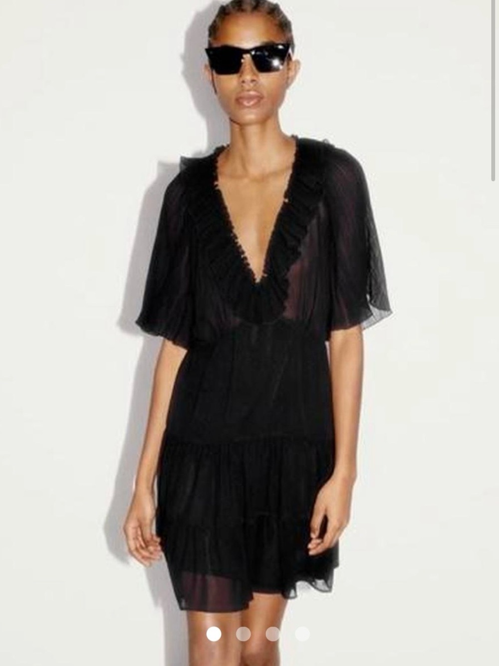 ZARA Top Sheer Ruffle V-Neck Black Mini Dress